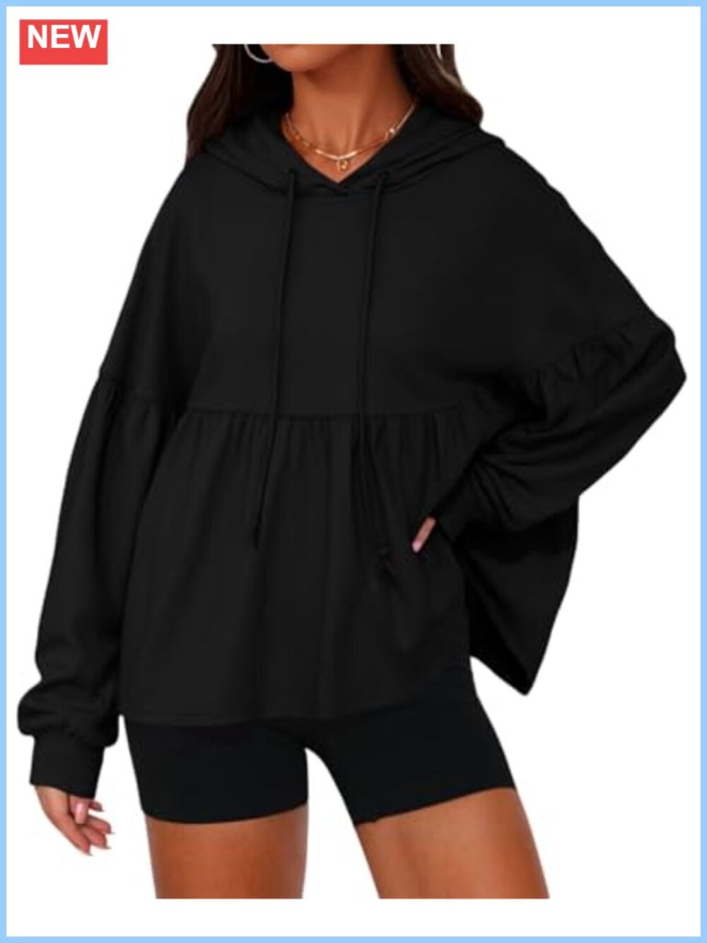 Womens Oversized Hoodie Drawstring Peplum Hem Lantern Sleeve Pullover Top